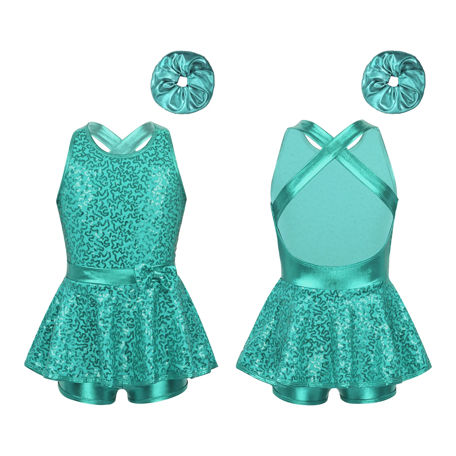 

Kids Girls Jazz Dance Performance Costume Ballet Leotard Dress Shiny Sequined Sleeveless Criss Cross Back Bowknot Leotard Outfit