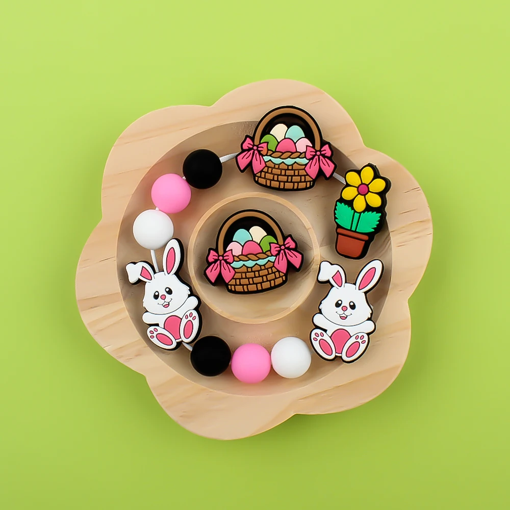 실리콘 초점 구슬 토끼 꽃 바구니, 실리콘 젖니 구슬, DIY 팔찌 쥬얼리 젖꼭지 체인 키체인 액세서리, 10 개