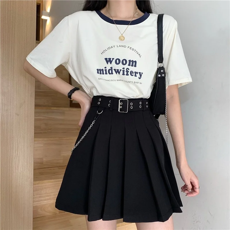 

Womens 2023 Solid Colors Gothic Black Skirts High Waist Pleated Skirt With Chain Korean Fashion Gothic Clothes Y2k 2 Piece Sets