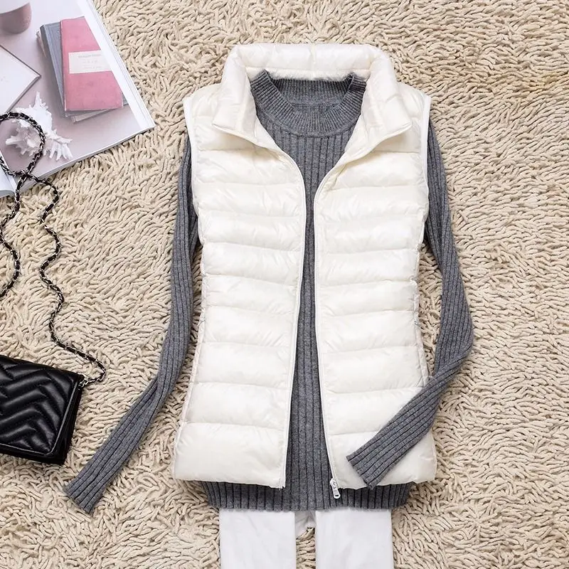 Autumn and Winter New Light and Thin Down Vest Women's Short Vertical Collar Large Size Down Jacket Vest Waistcoat