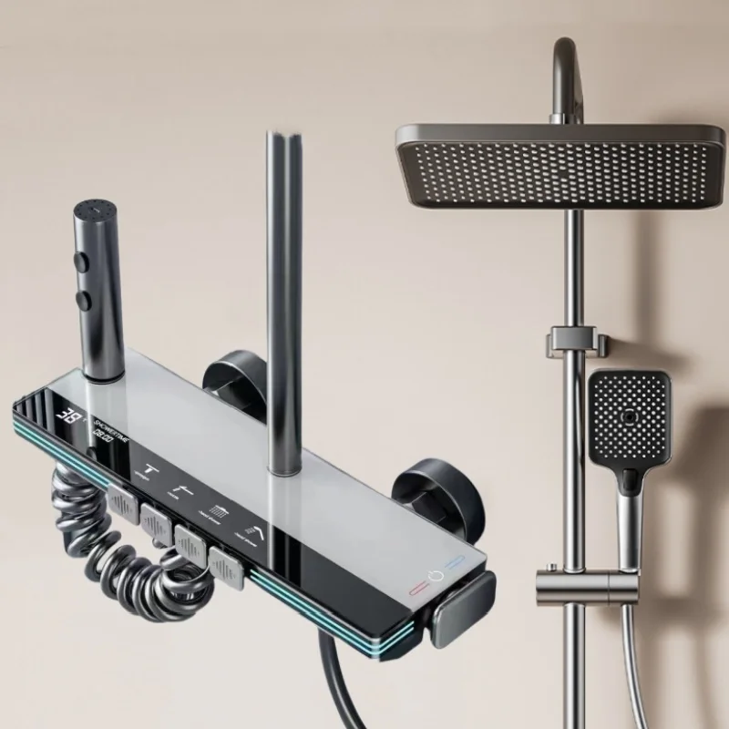 4 ฟังก์ชั่นโหมดชุดฝักบัวอาบน้ําร้อนเย็นก๊อกน้ําอุณหภูมิจอแสดงผลดิจิตอลห้องน้ําติดผนัง Rainlfall Shower ก๊อกน้ําระบบ 1