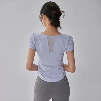 Women's Summer Breathable Mesh Splicing Yoga Sports Top Short Sleeve Pleated Waist Cinching Fitness T-Shirt for Active Wear 1