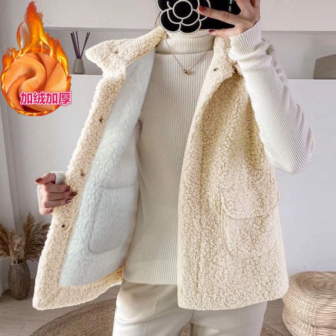 2021 Winter Imitation Lamb Wool And Plush Thickened Women's Vest Korean Version Versatile Girls' Vest For Casual Warmth Beige warmest winter coats for women