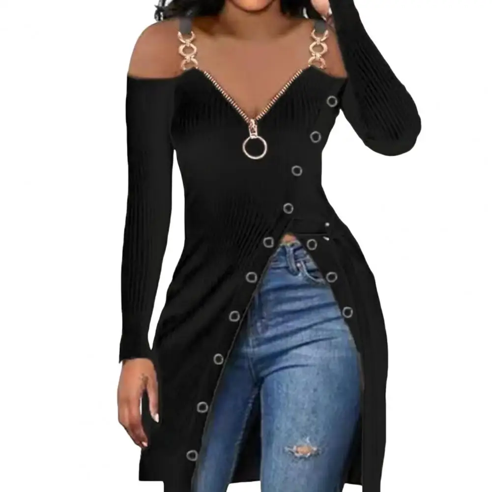 

Great Tee Shirt V-neck Breathable Women Blouse Chain Sling High Split Hem Women Autumn Blouse
