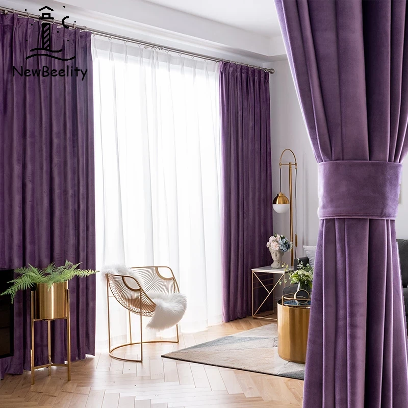 Nordic Curtains for Living Dining Room Bedroom Light Luxury Velvet European Style Purple Solid Color Curtain Window Custom Made long curtains