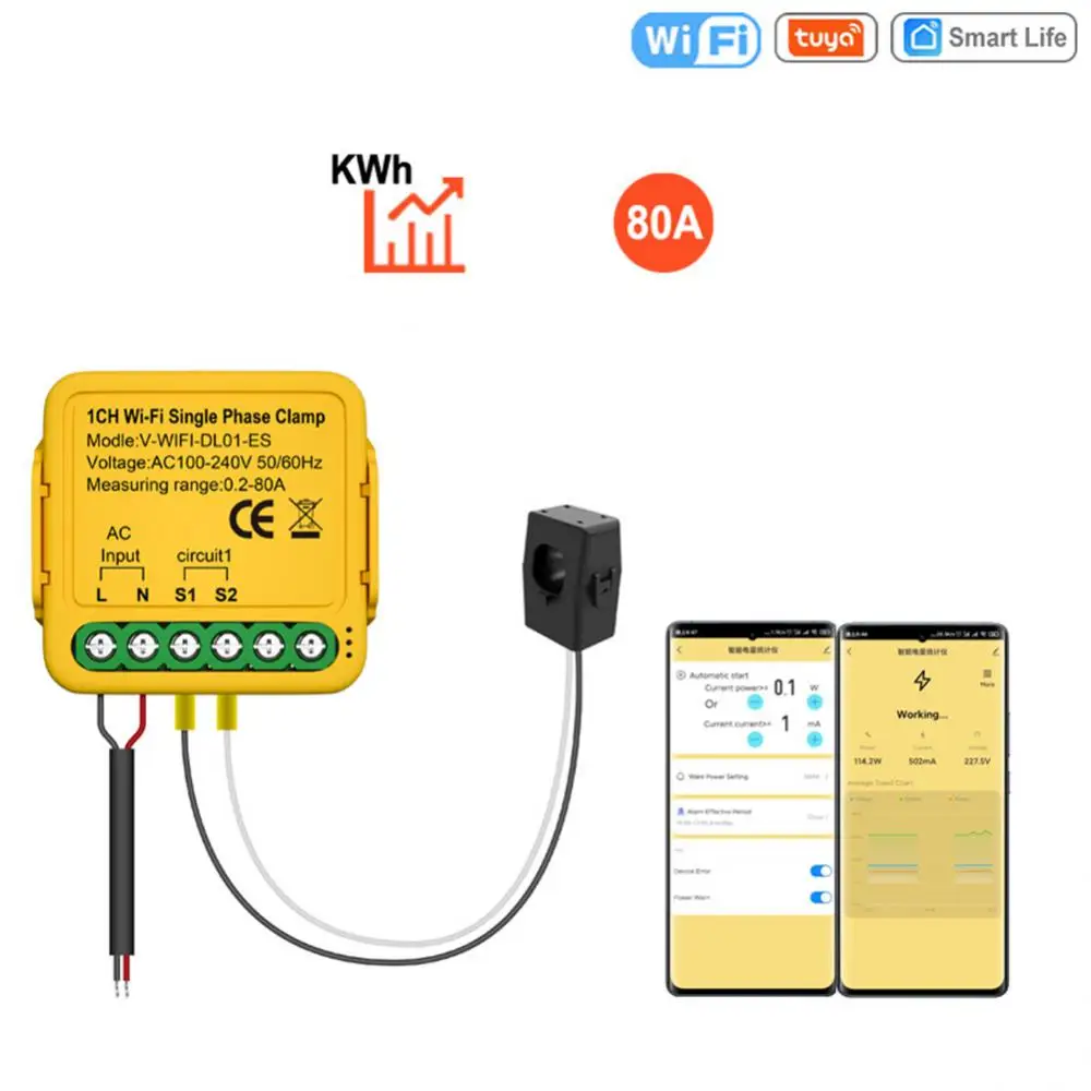 

Счетчик энергии Tuya Smart Life с Wi-Fi, 80 А, С токовым трансформатором, зажимом, кВтч, контролем мощности, 230 В, в, Гц