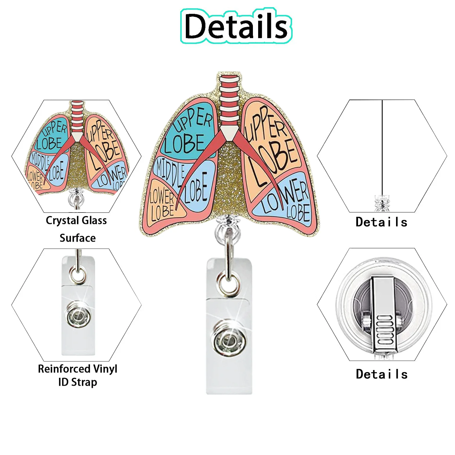 Medical Heart Lung Brain Acrylic Glitter Retractable Badge Reel Rotating Crocodile Clip ID Badge Holder for Doctor Nurse 2