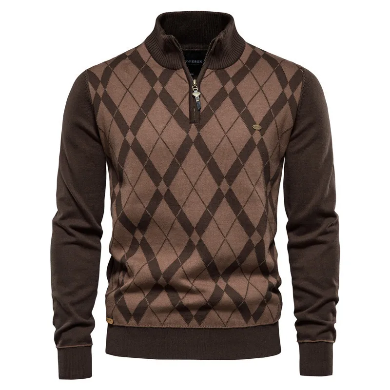 Spring Autumn Men's Half Zipper Long Sleeve Casual Sweater Fashion British Style Lapel Slim Fit Jacquard Knitwear