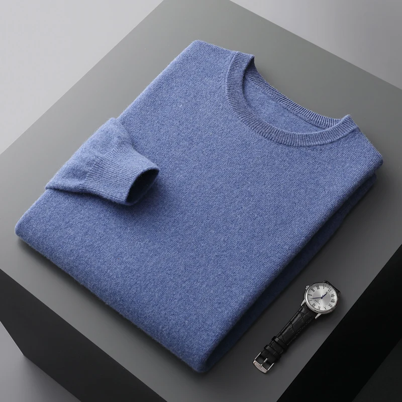 Men's 100% pure wool autumn and winter round neck loose warm sweater solid color fashion full knit bottoming shirt.
