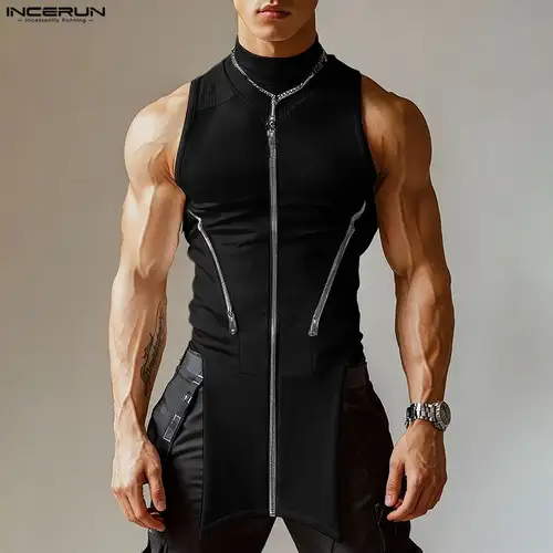 INCERUN Men Irregular Tank Tops Solid Color Knitted Turtleneck Sleeveless Male Vests Streetwear Summer 2026 Zipper Fashion Tops - Image 3