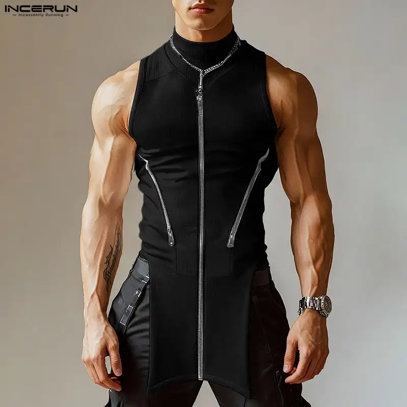 INCERUN Men Irregular Tank Tops Solid Color Knitted Turtleneck Sleeveless Male Vests Streetwear Summer 2026 Zipper Fashion Tops - Image 3