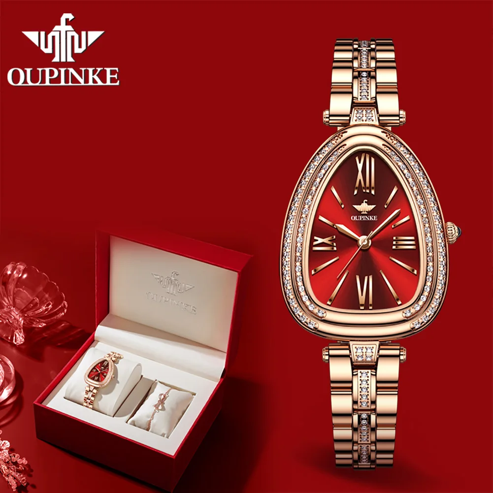 

OUPINKE 3192 Women's Watch Diamond Stainless steel Strap Swiss Movement Quartz Watch for Women Sapphire Mirror Ladies Watch Set