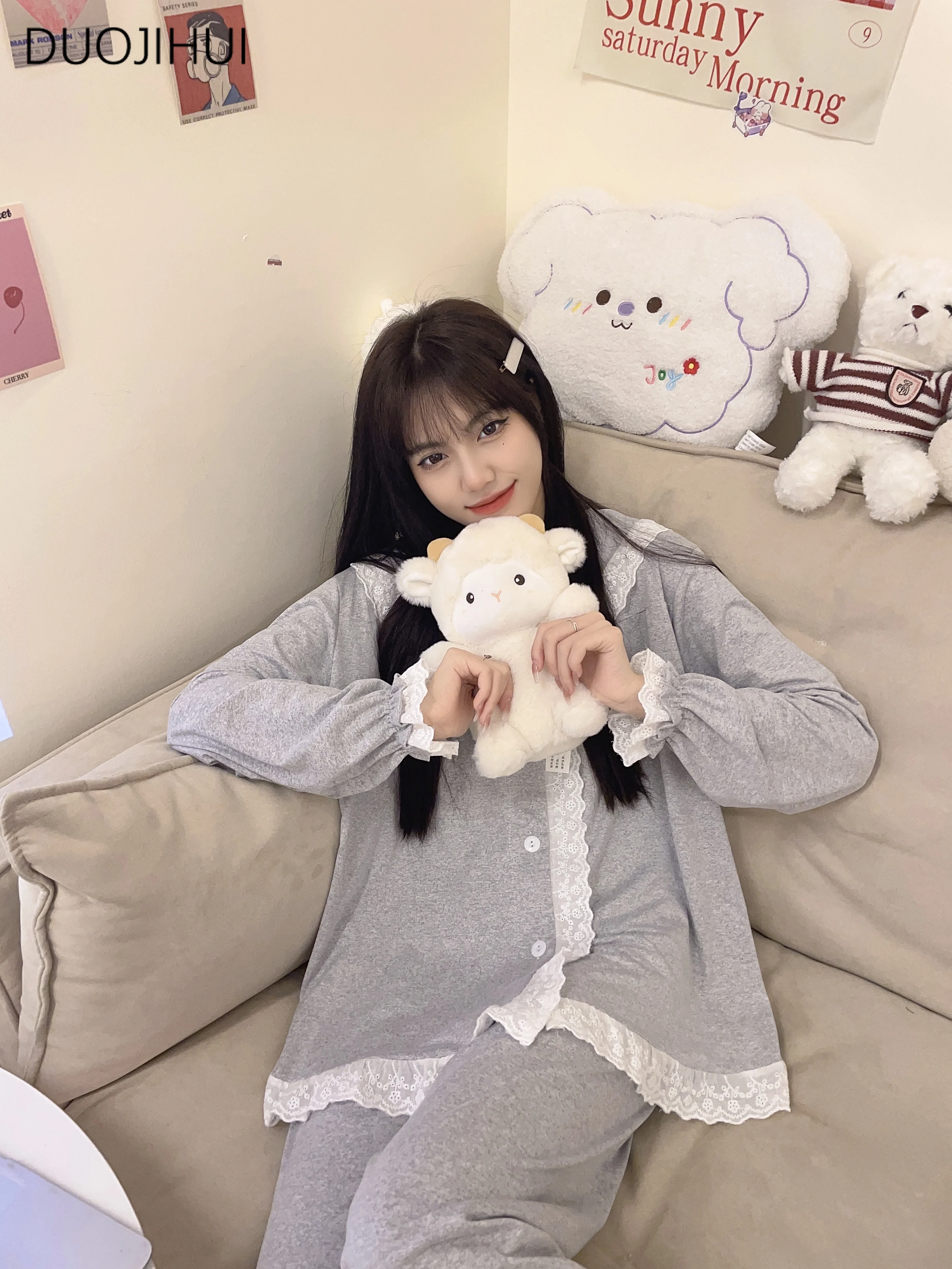 DUOJIHUI Korean Two Piece Sweet Lace Female Pajamas Sets Spring Chicly Button Cardigan Simple Pant Casual Home Pajamas for Women