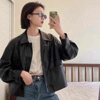 2024 New Spring And Autumn Thin Japanese Style Vintage Lapel Single-Breasted Leather Jacket For Women Trendy Long Sleeve Jacket 1