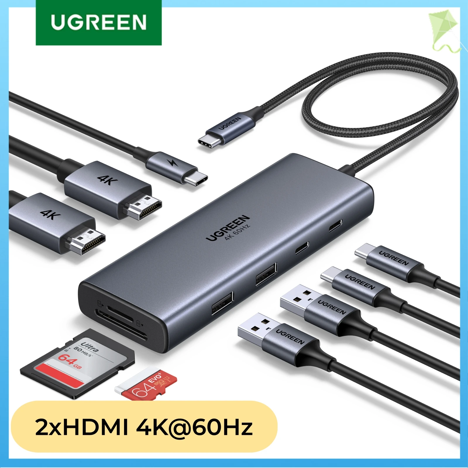 UGREEN USB-C HUB 9-in-1 Dual HDMI 4K60Hz Display USB3.0 Typ-C & USB-A Datenanschlüsse PD100W für Windows Laptop HP Dell Lenovo Samsung