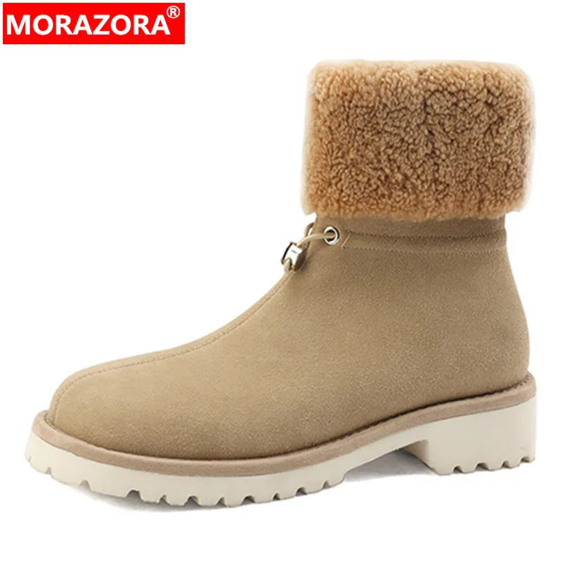 

MORAZORA 2023 New Fashion Thick Plush Snow Boots Platform Cow Suede Winter Boots Woman Ladies Slip On Ankle Boots