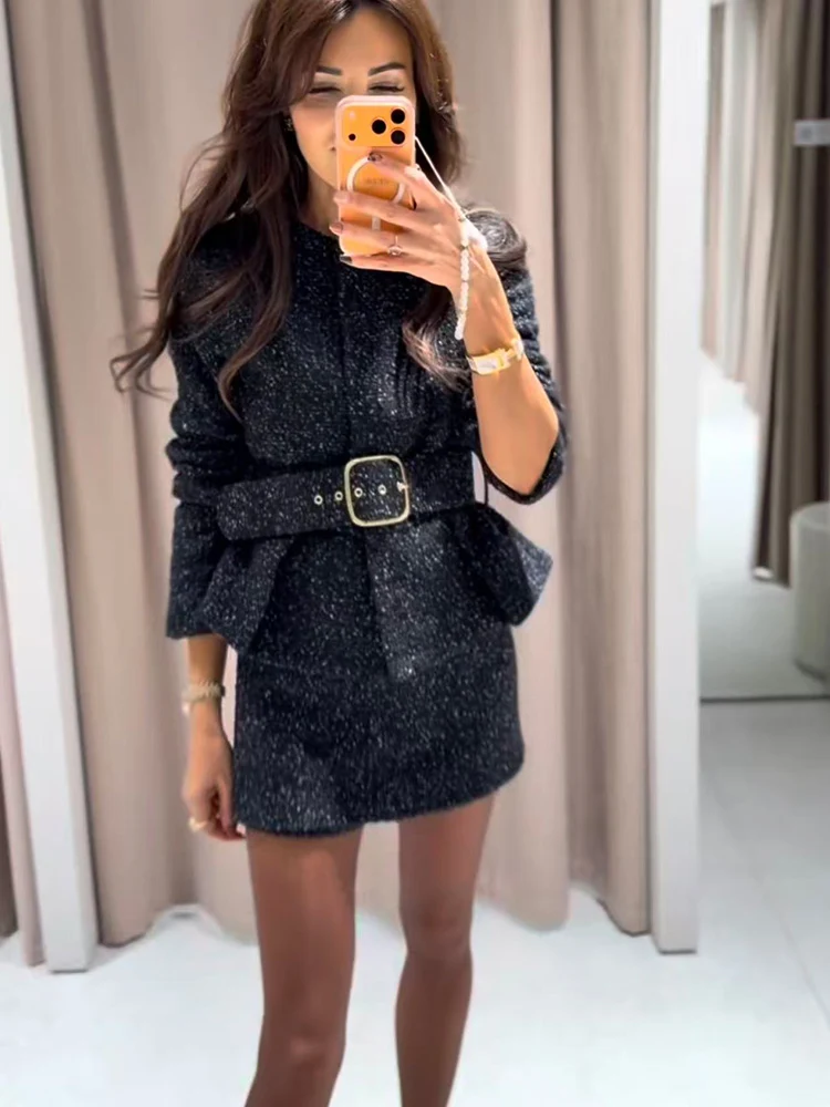 2025 Autumn Winter Women's Shorts Skirts Set Fashion Elegant Round Neck Jacket Chic Sashes Coat Commuting Texture Outfits