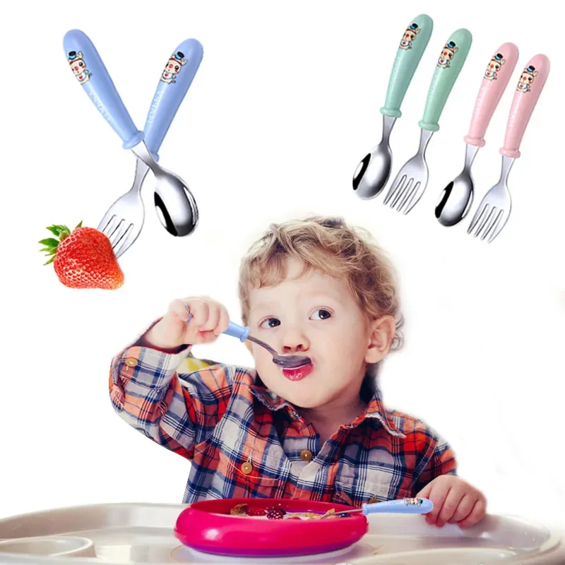 Baby Gadgets Tableware Set Children Utensil Stainless Steel Toddler Dinnerware Cutlery Cartoon Infant Food Feeding Spoon Fork 2