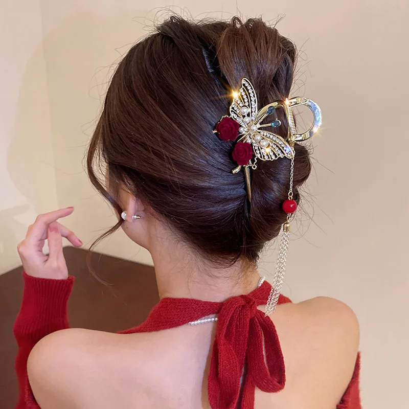 VANIKA New Rose Pearl Grab Clip Elegant  Rhinestone Butterfly Tassel Ponytail Clip Women Fashion Heawear Hair Accessories Gifts