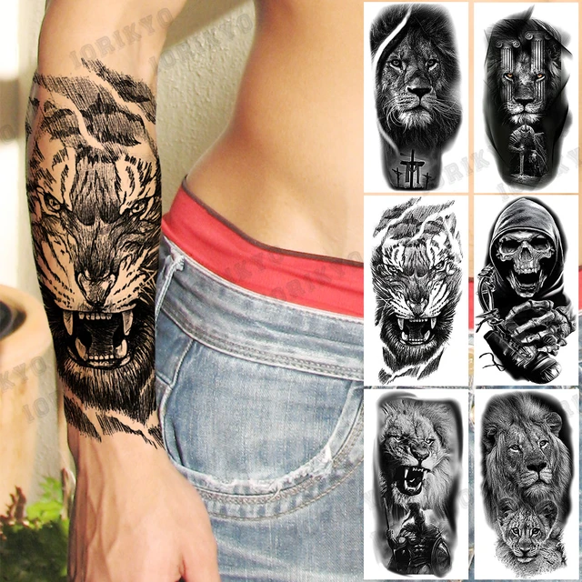 Black Tiger Forearm Temporary Tattoos For Men Adult Lion Cross Skull  Warrior Fake Tattoo Realistic Body