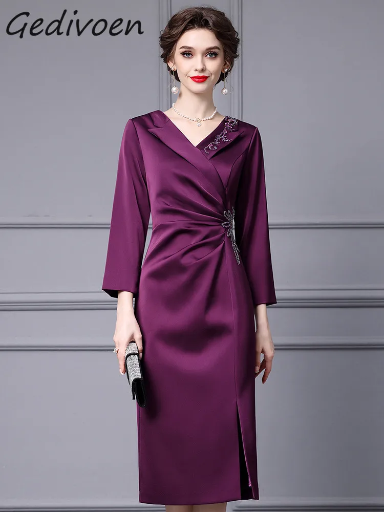 

Весеннее модное дизайнерское фиолетовое офисное женское платье Gedivoen, облегающее длинное платье с V-образным вырезом, высокой талией и разрезом на ягодицах