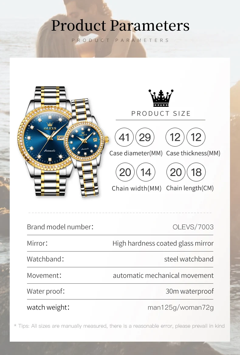 OLEVS Automatic Couple Watch for Men Women Luxury Top Diamond Lap Stainless Steel Waterproof Mechanical Wristwatches Date Clock