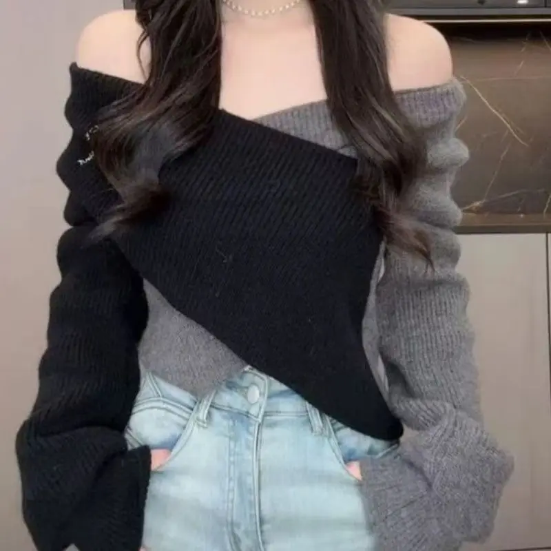 2025 Women Autumn Winter Sweater Korean New Design Elegant Cross V-neck Off Shoulder Knit Thickened Sexy Pullover Sweater 3