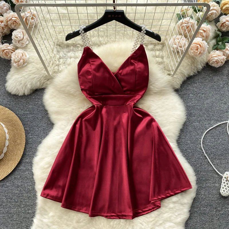 

Summer Satin Pearl Suspended Dress with Light Luxury Small Crowd Waist V-Neck Sexy Pure Desire Dress