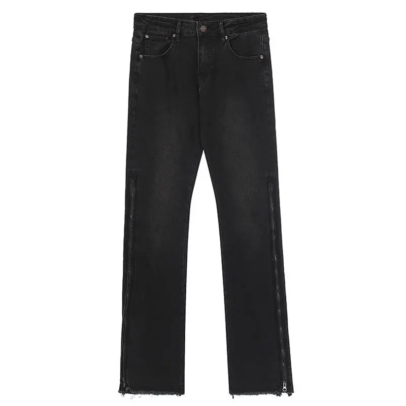Jeans High Street Men's and Women's American Fashion Retro Wash Black Slim Fit Slim Side Zipper Micro Horn Pants