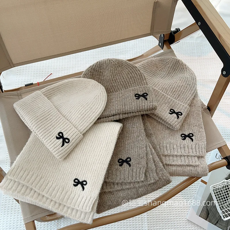 2PC Cute Bow Embroidery Children's Knitted Hat Scarf 2-piece Set Solid Color Girl Baby Versatile Set