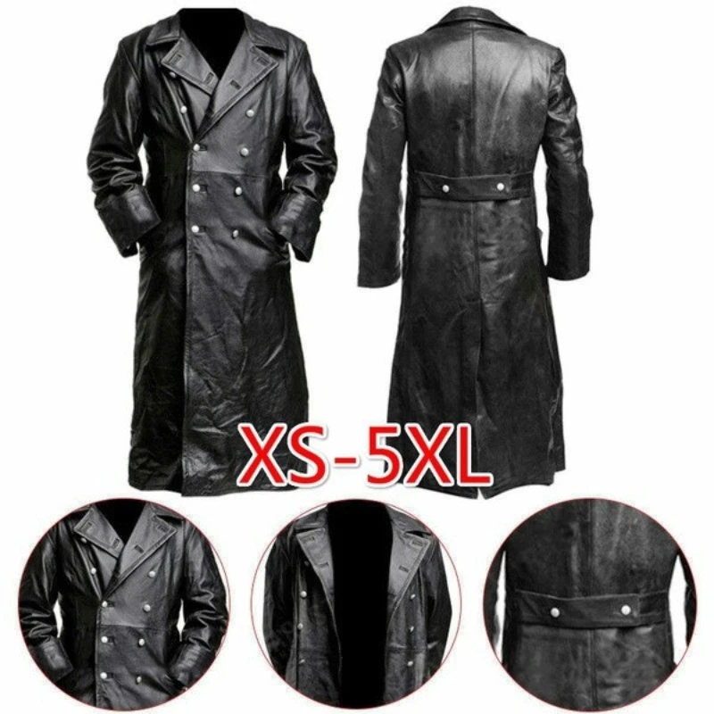 MEN'S GERMAN CLASSIC WW2 MILITARY UNIFORM OFFICER BLACK  LEATHER TRENCH COAT