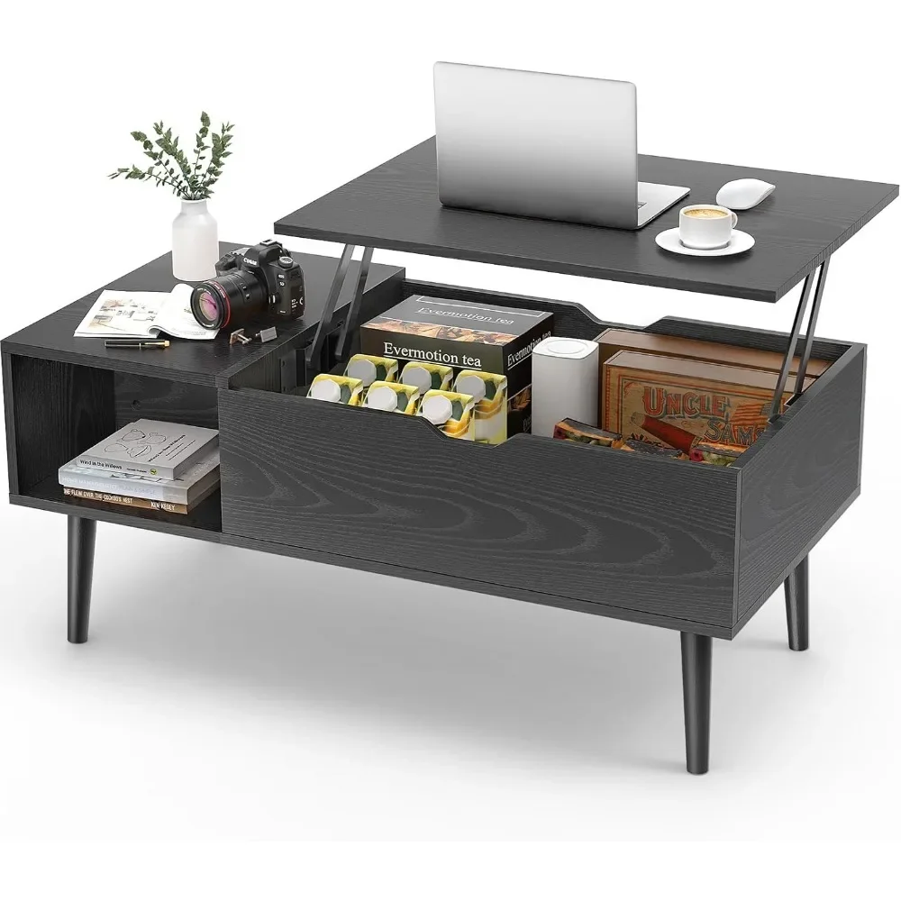 Coffee table, lift and small raised wooden coffee table for living room with storage shelves and hidden compartments
