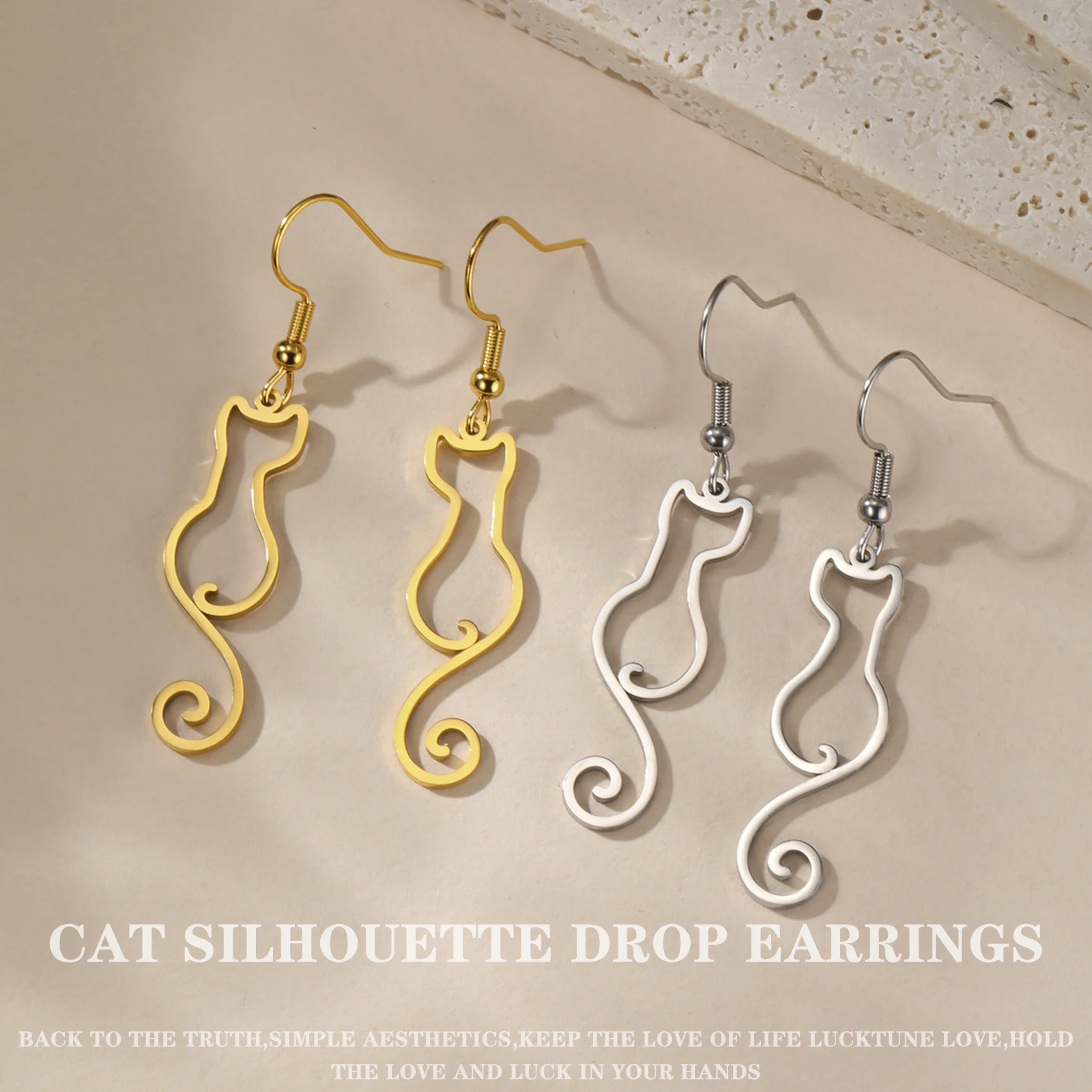 Cat Silhouette Drop Earrings for Women Stainless Steel Cute Cat Hollow Geometric Dangle Earrings Jewelry - PeticaDeals