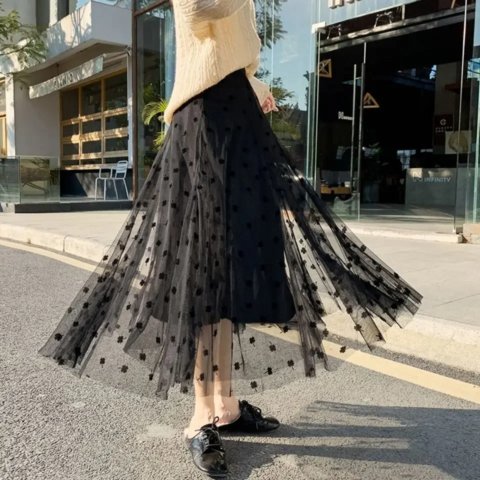 2023 New Africa Long Skirt Mesh Black Mid Maxi Skirt Women Korean Fashion High Waist High Quality Free Shipping Clothes