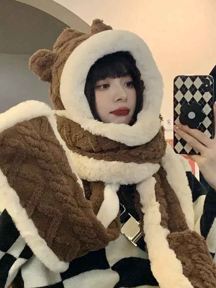 2023-new-high-quality-bear-ear-hat-scarf-in-one-female-winter-korean-version-cute-girl-thick-warm-plush-bib-gloves-tide-hot-sale