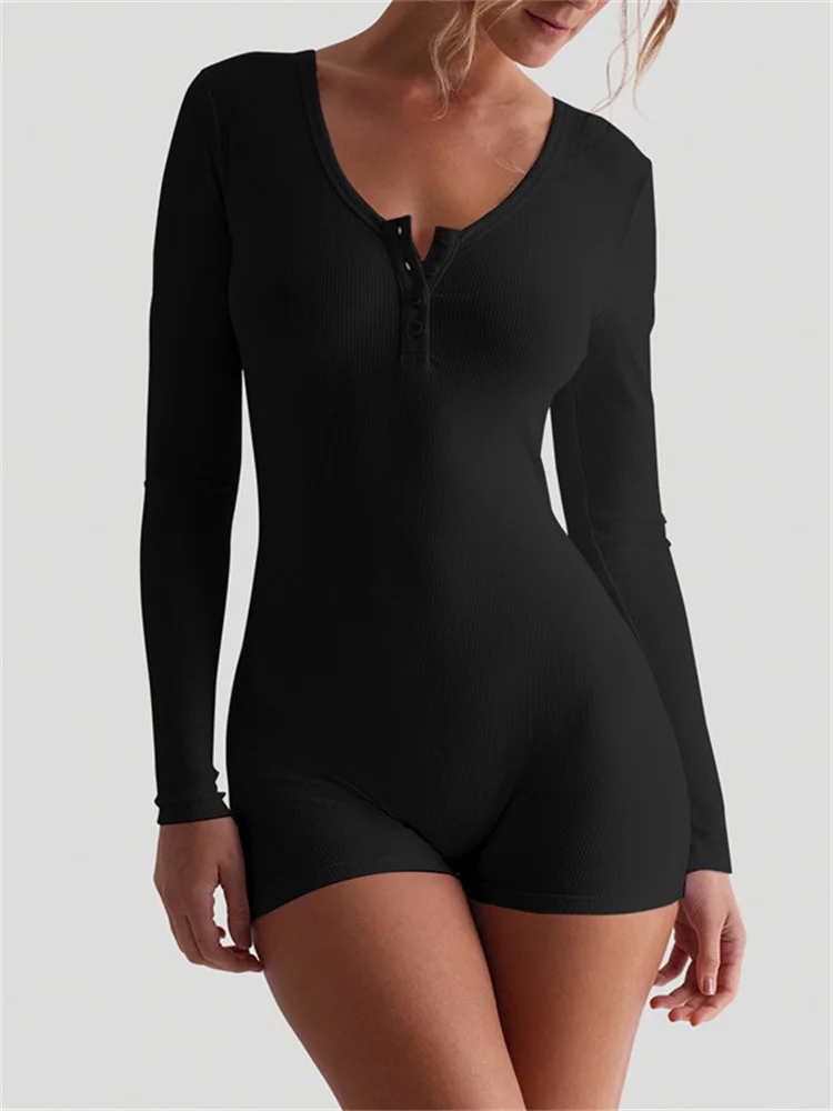 Skinny Ribbed Summer Yoga Jumpsuit Female Rompers Long Sleeve High Waist Solid Bodysuit Streetwear Women's Fashion Rompers