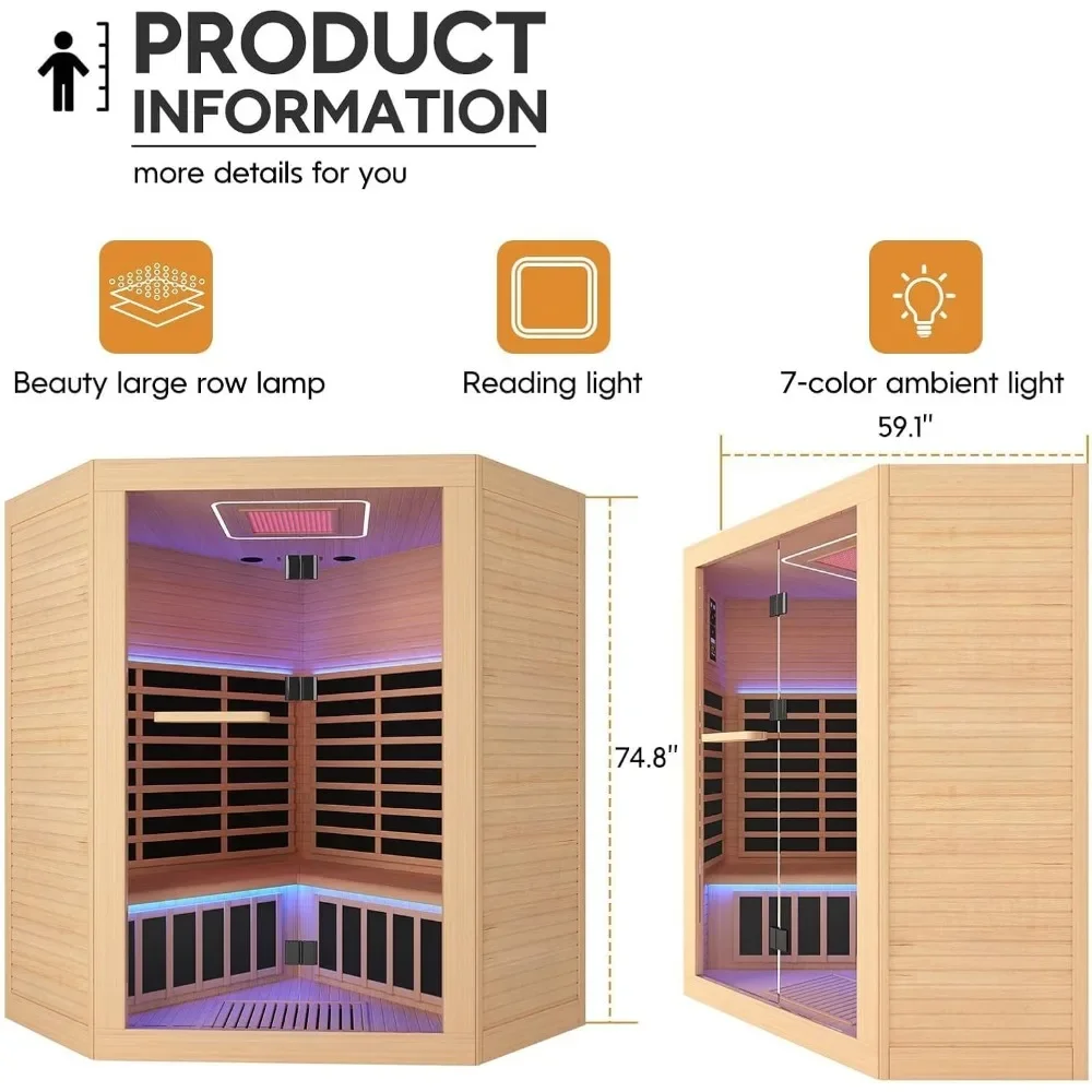 Far Infrared Home Sauna Room, Red Light Wooden Indoor Dry Sauna, Indoor Corner Sauna Spa with Full Spectrum Heater, Floor Heater 5