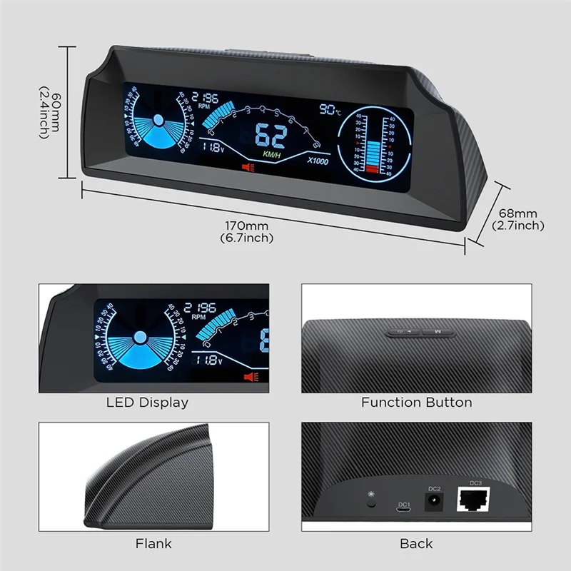 A13F-X90 헤드 업 디스플레이 온보드 컴퓨터 디스플레이 OBD2 자동차 속도계 OBD 게이지 (틸트 피치 각도 각도기 디스플레이 포함)