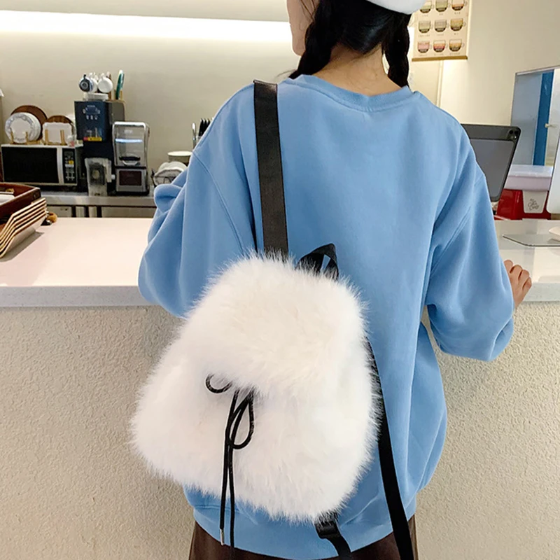 Winter Soft Plush Women's Backpack Solid Color Luxury Fake Fur Shoulder Handbag Fashionable Ladies Schoolbag for Females