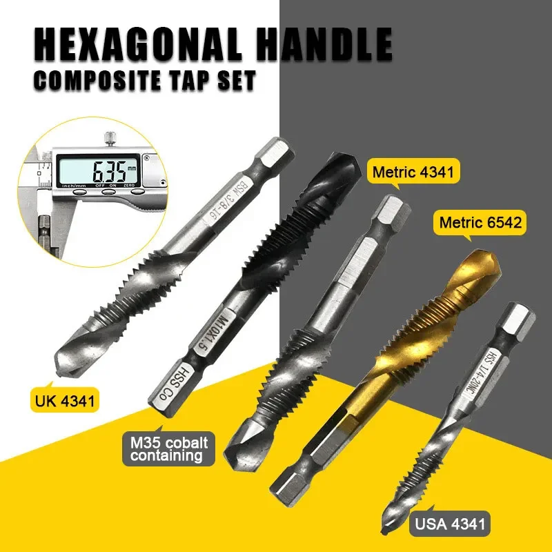 

6pcs/lot Tap Drill Bit Hex Shank Titanium Plated HSS Screw Thread Bit Screw Machine Compound Tap Drill Hole Tapping Chamfer Tool