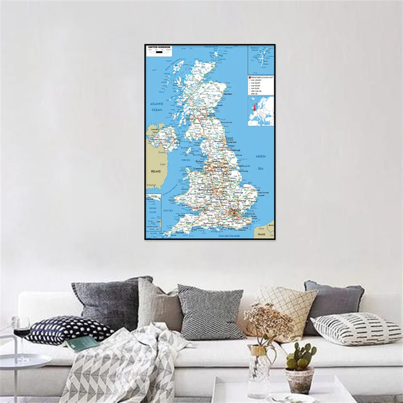 United Kingdom Map In English Administrative / Geographic / Road Map Wall Art Poster Painting School Supplies