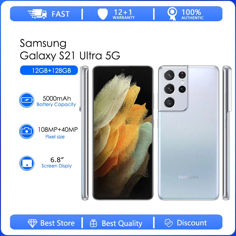삼성 갤럭시 S21 울트라 5G SM G998B SM G998U 리퍼브 스마트폰, 오리지널 2 심, 6.8 인치, 108MP ...