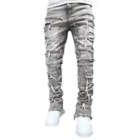Jean empilé coupe régulière pour hommes, déchiré, Slim Fit, Patch, pantalon en Denim droit détruit, Hip Hop, Streetwear, tissu de pantalon 6