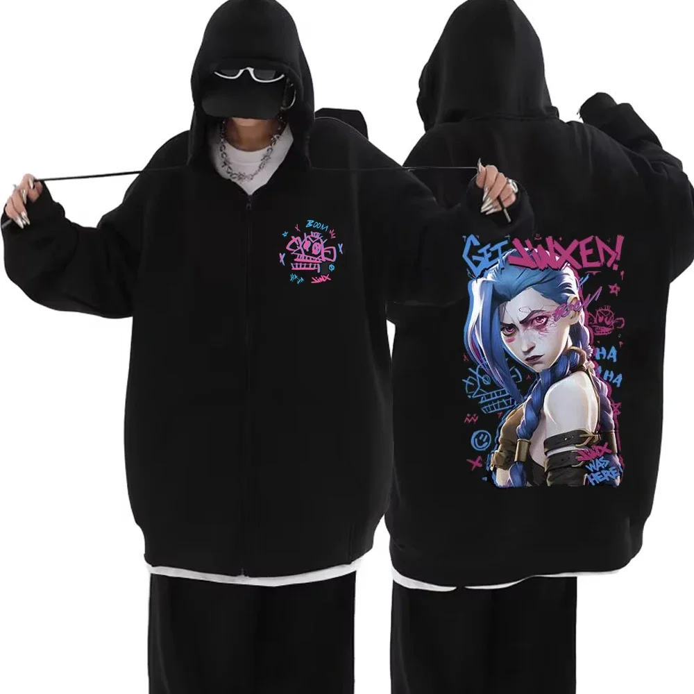 Arcane-Jinx Zipper Hoody Graffiti Hip Hop Jacket Fashion Zip Up Sweatshirt Men Women Oversized Pullover Hoodie Streetwear Tops 3