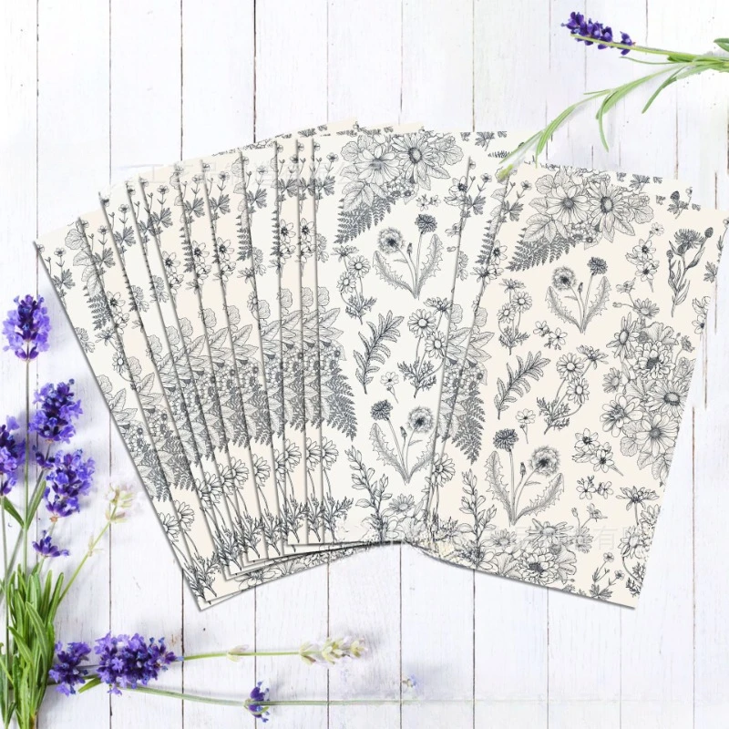 20pcs/Pac 34.2*40.6cm 2-Ply Black and White Sketch Daisy Dandelion Long Paper Napkin Party Holiday Disposable Paper Placemat