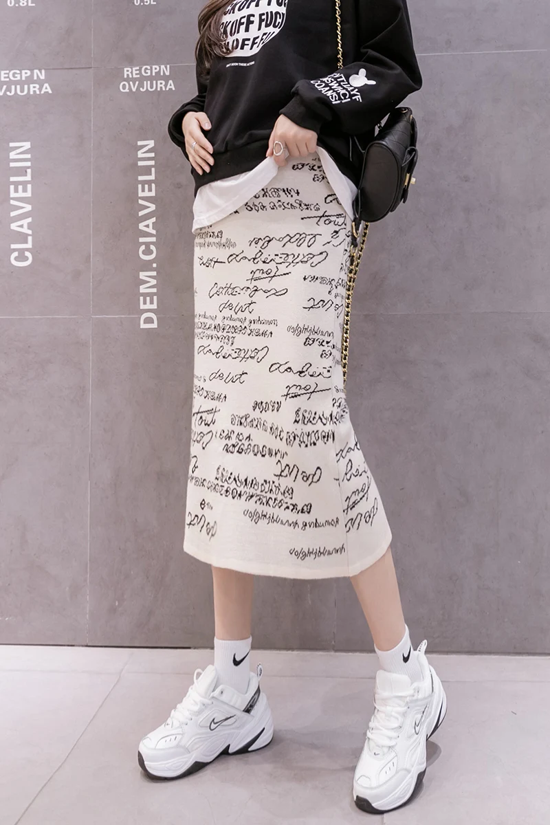 5569# Autumn Winter Letter Printed Knitted Maternity Skirts Elastic Waist Belly Clothes for Pregnant Women Pencil Slim Pregnancy