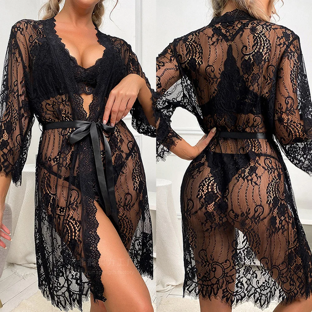 

Women Lace Robes Sexy Long Lingerie Sleepwear Nightwear Hot Sale 2022 Lady's Bathrobe Sexy Dress See Through Sheer Pajamas