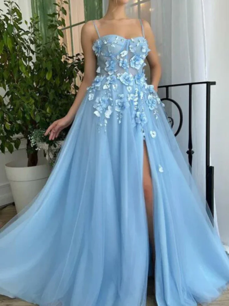 

Spring Summer Fashion Popular Spaghetti Straps Party Gown Temperament Long Mesh Tiered Vestidos Flower Appliques Prom Dresses