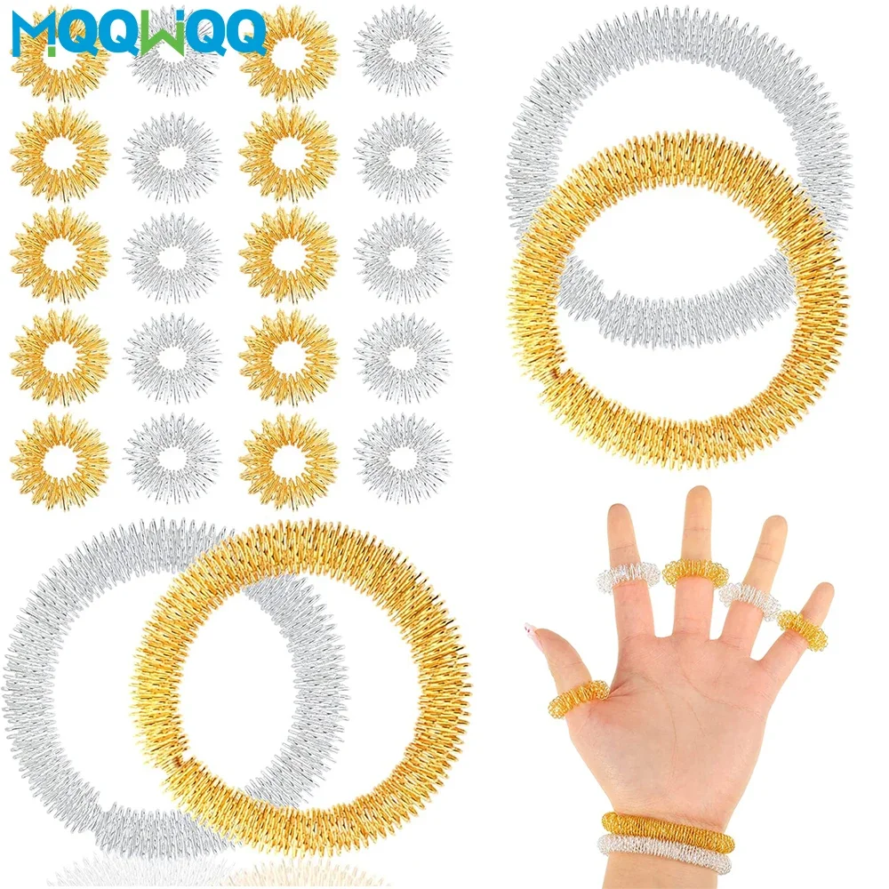 12/24Pcs Acupressure Rings and Bracelets Massagers Set Spiky Sensory Finger Rings for Finger and Hand Wrist Massage Pain Relief