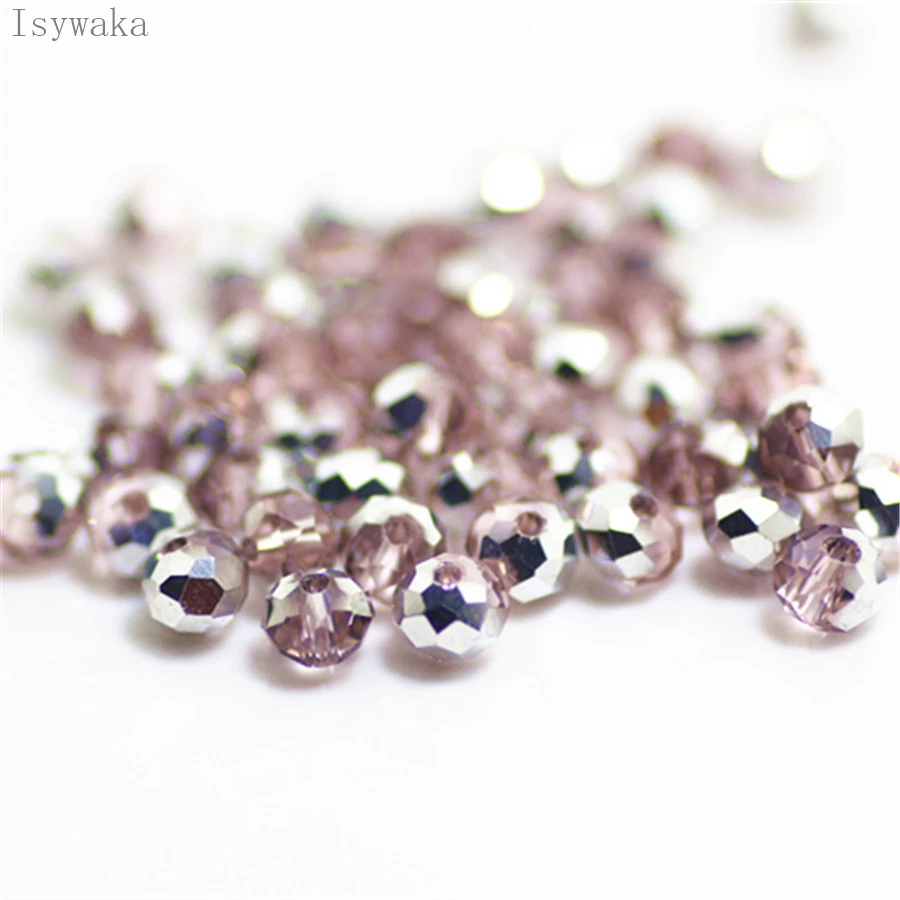 Isywaka Pink Silver Faceted Crystal Glass Spacer Beads for Jewelry Making, 50pcs